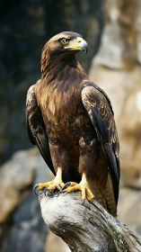 Golden eagle perched on rugged rock in sharp profile.