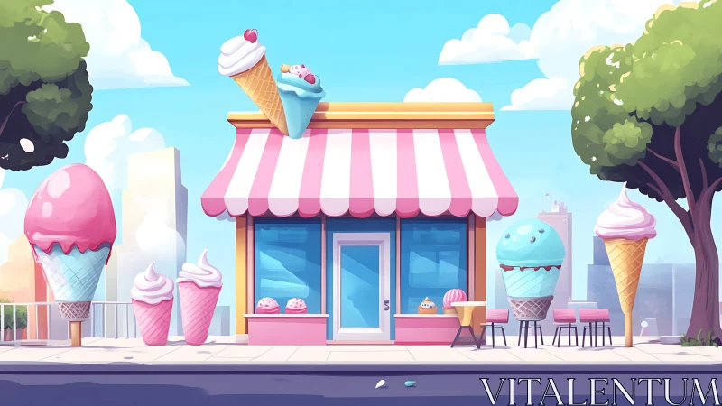 Pastel ice cream shop exterior with oversized cones and stylized props