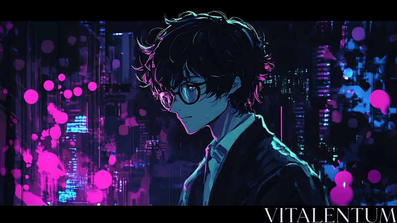 Neon-lit technophile profile in chromatic cityscape matrix.