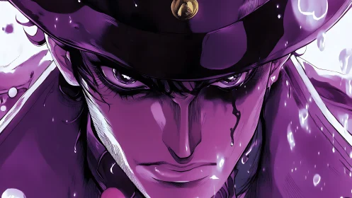 Intense purple anime hero close up with sharp focused stare.