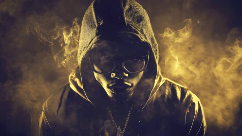 Smoke crowned silhouette of hooded figure in ember light.