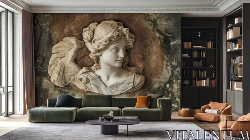 Classical marble muse anchors a refined modern living room
