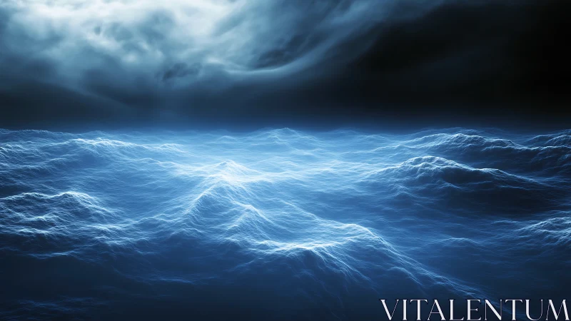 Luminous blue ocean waves under dense overcast sky.