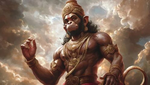 Mythic simian warrior in gold regalia amid turbulent clouds.