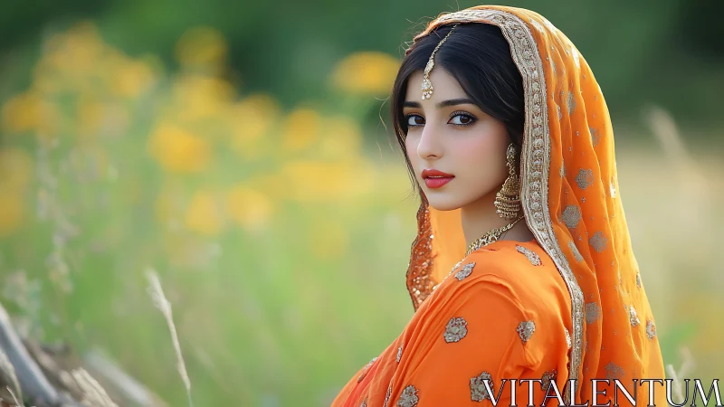 Woman in orange dupatta stands in sharp focus outdoors