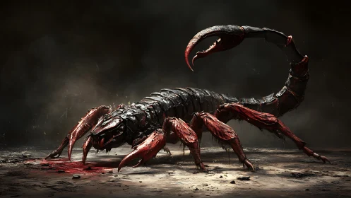 Armored bloodstained scorpion on dark desolate ground.