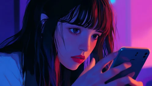 Soft neon glow surrounds a thoughtful girl on her phone