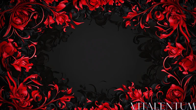 Crimson floral wreath framing deep black negative space.