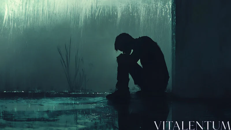 Silhouetted figure in rain-soaked doorway, reflective wet floor