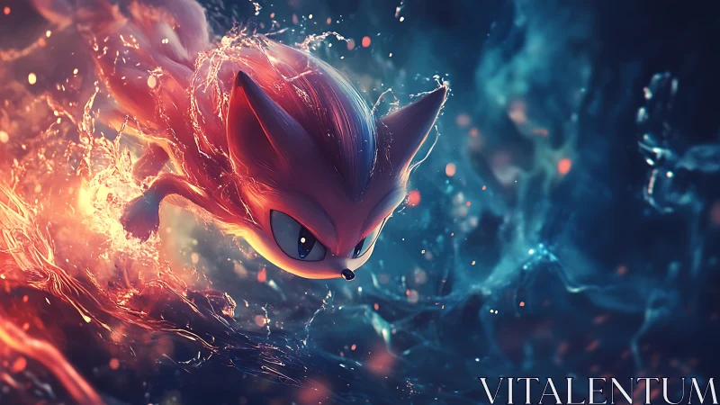 Fiery fox spirit dives through glowing cosmic water