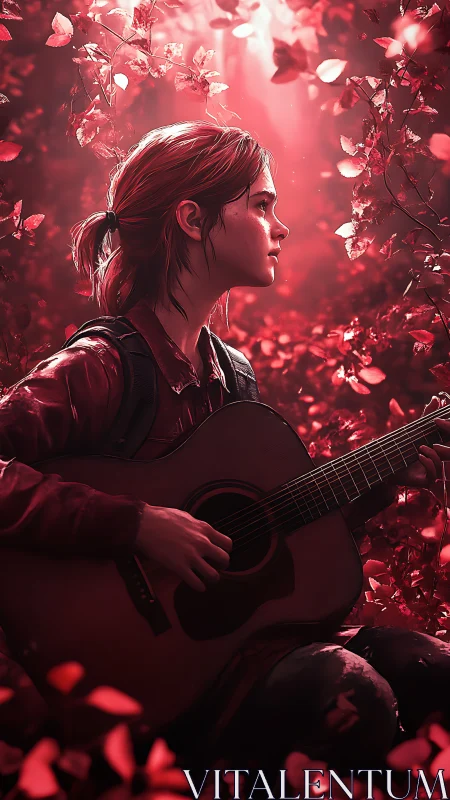 Young guitarist in crimson forest rendered in digital realism