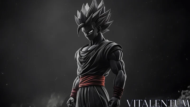 Stylized warrior figure stands in dramatic side lighting