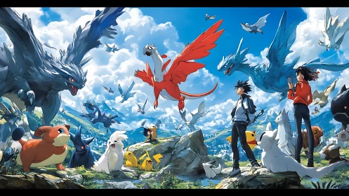 Trainers command legendary creatures in soaring mountain skies.