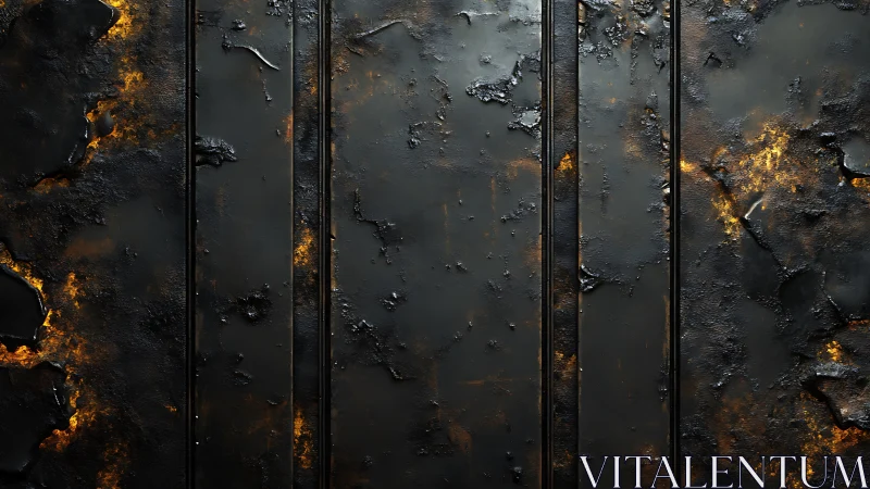 Charred metal wall texture with molten ember fissures.