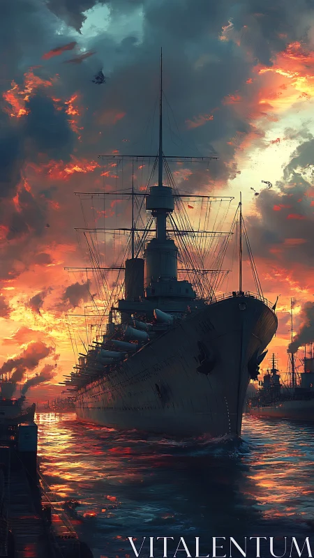 Dreadnought drifting through molten sunset waterscape.