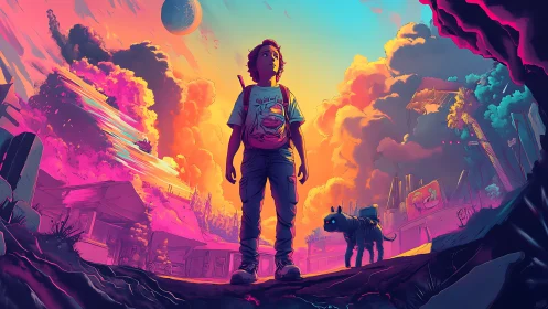Lone child and robot dog explore a neon post‑apocalypse.