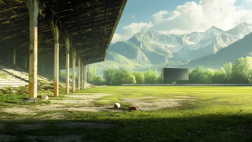 Abandoned mountain stadium under soft golden afternoon light.