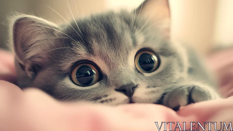 Gray Kitten with Luminous Eyes on Pink Fabric.