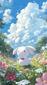 Gentle bunny enjoys a sunny wildflower meadow under bright clouds