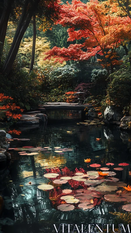 Autumn koi pond reflects layered foliage in cinematic detail