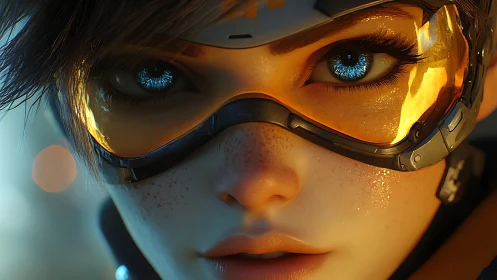 Close-up of cybernetic visor on freckled female face.
