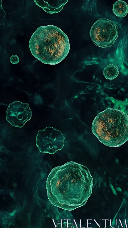 Microscopic green cellular structures on dark fluid background.