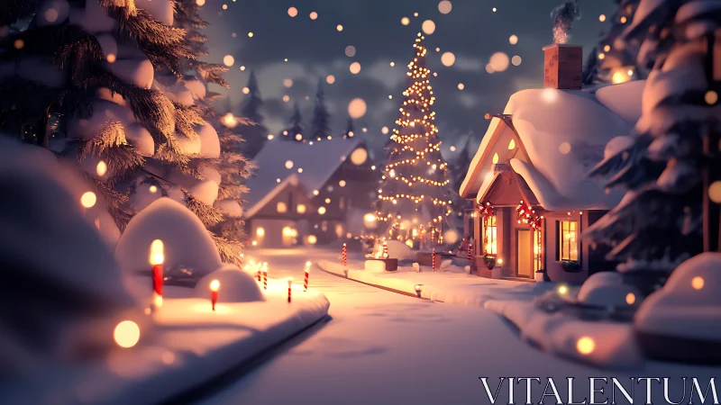 Snowy cottages glow softly under twinkling holiday lights