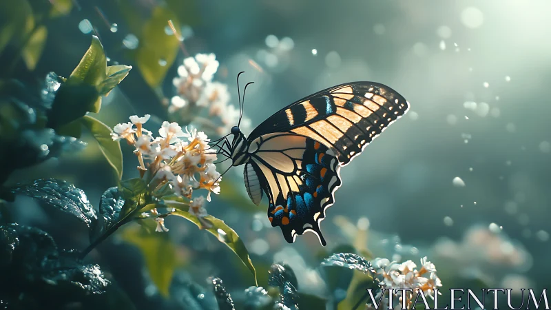 Butterfly on white blossoms in soft green garden light.