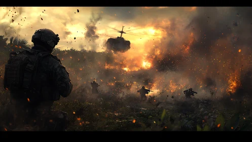 Military squad advancing under helicopter amid explosions.
