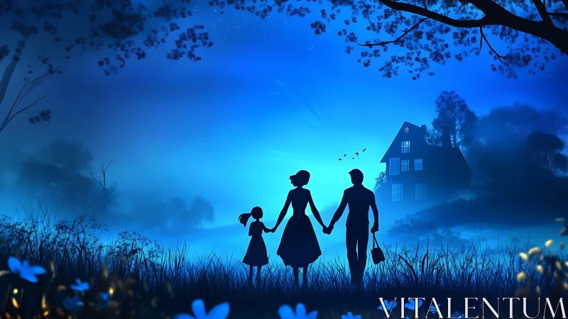 Silhouetted Family Figures in Ethereal Moonlit Meadow Scene
