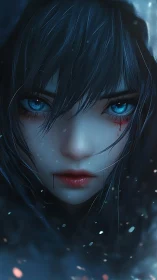Haunting blue-eyed girl stares through snowfall in silence