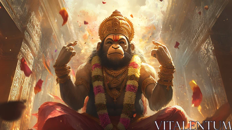 Mythological monkey deity seated in ornate temple environment.