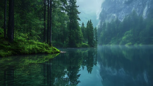 Serene Alpine Lake Reflects Misty Mountain Cliffs