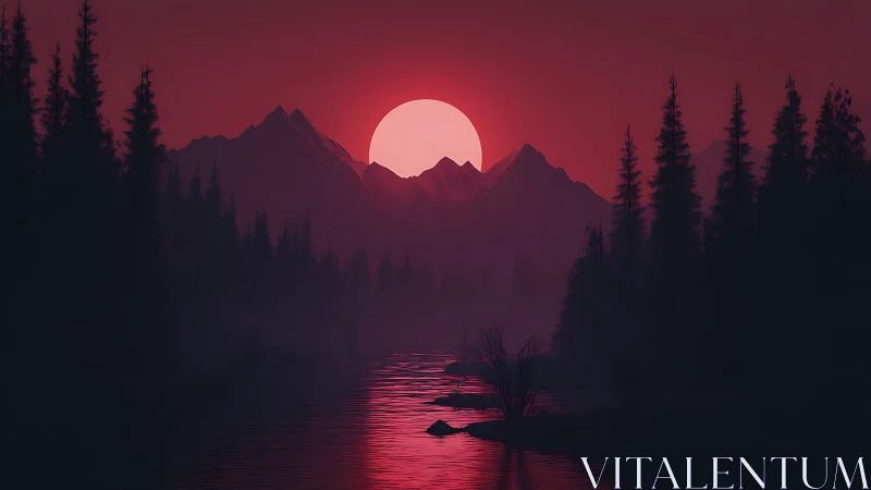 Dreamy crimson sunset over quiet forest river valley.