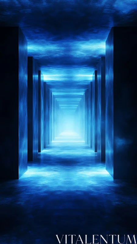 Luminescent orthogonal corridor with volumetric blue lightfield.
