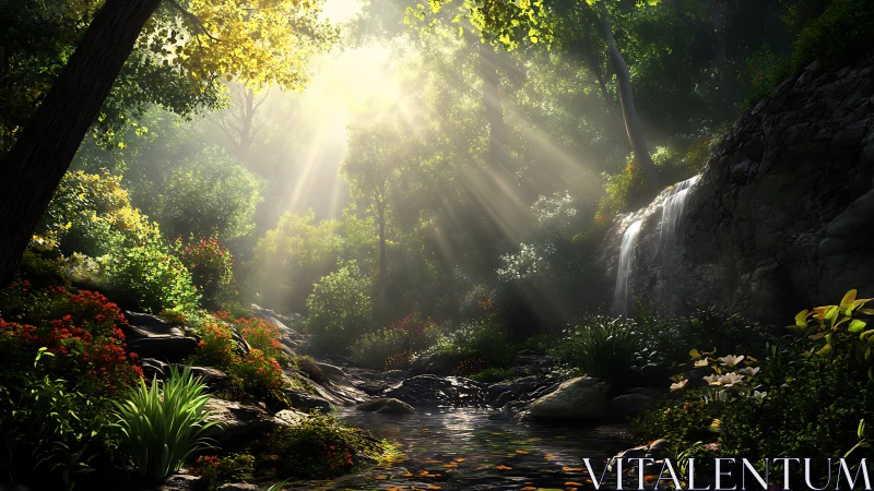 Sunlit forest stream with waterfall and dense vegetation.