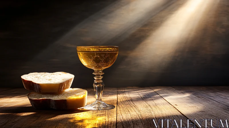 Golden chalice and rustic bread under dramatic light.