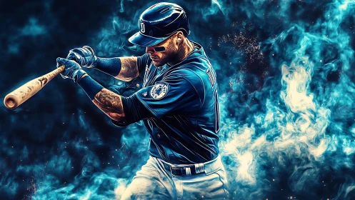 Baseball batter in dynamic swing with stylized blue smoke background.