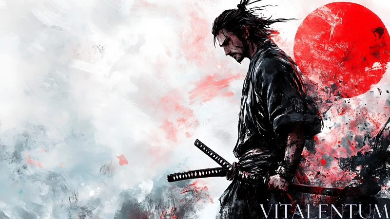 Solitary samurai silhouette before the crimson rising sun.