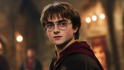 Young wizard in candlelit hall gazes ahead thoughtfully.