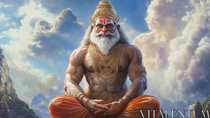 Mythic sage figure seated before clouds and mountains.