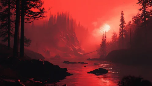 Red-saturated forest river landscape under glowing sun