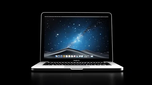 Sleek silver laptop displaying starry night desktop scene.