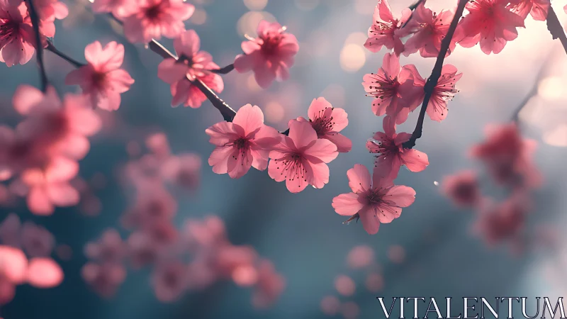 Pink Blossoms Drift Through Dreamlike Blue Reverie.