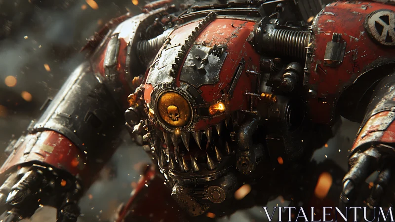 Battle-worn red mech with skull emblem and glowing eyes.