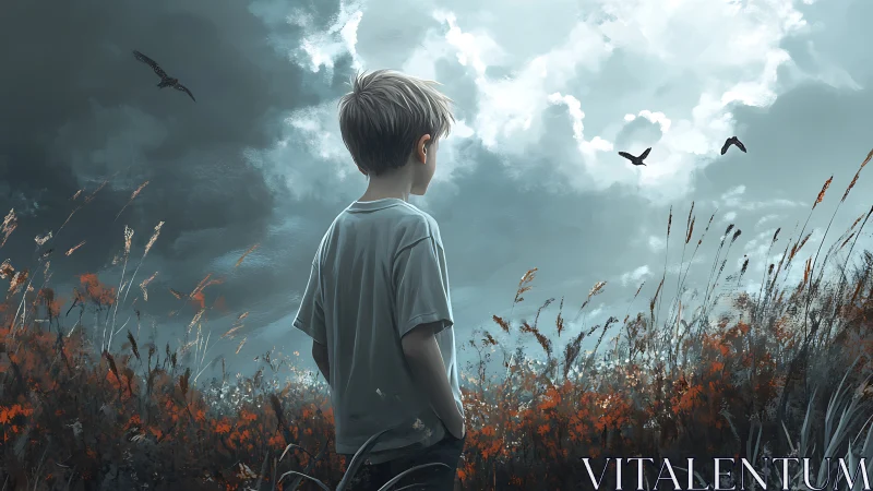 Boy studies stormy sky over autumn field with dynamic lighting