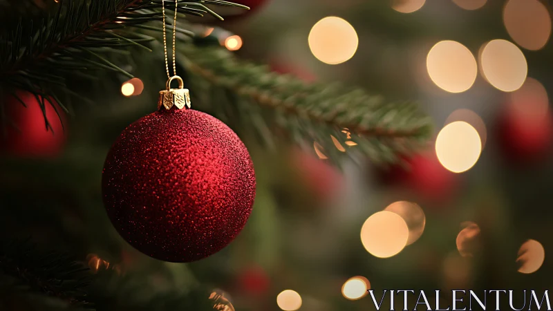 Red Christmas bauble on tree with warm festive bokeh lights.