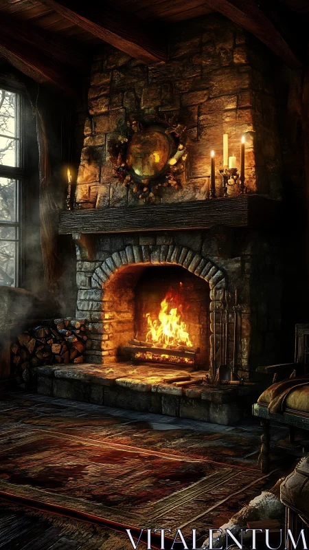 Warmth Blazes from Ancient Stone: Medieval Hearth Ablaze.