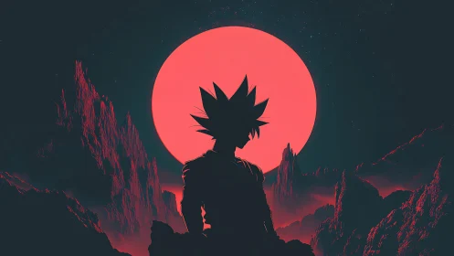 Silhouetted spiky-haired warrior stands before oversized red sun