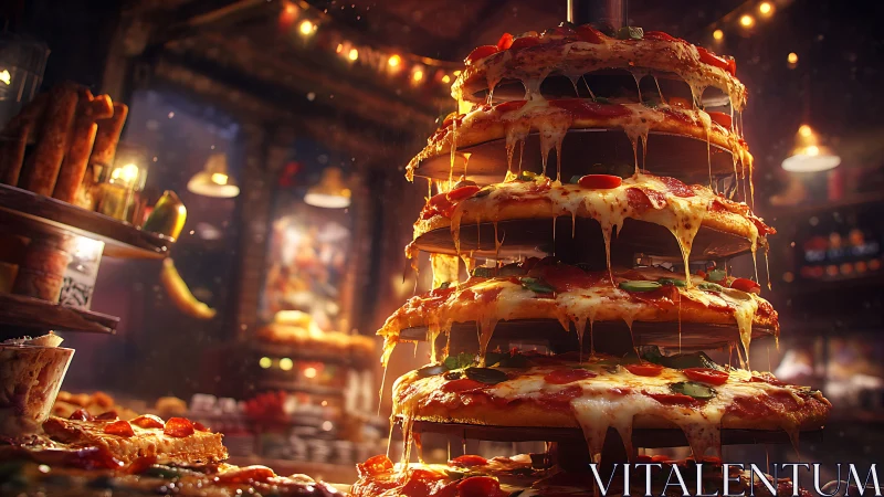 Towering Stack of Greasy Dreams Under Neon Glow.